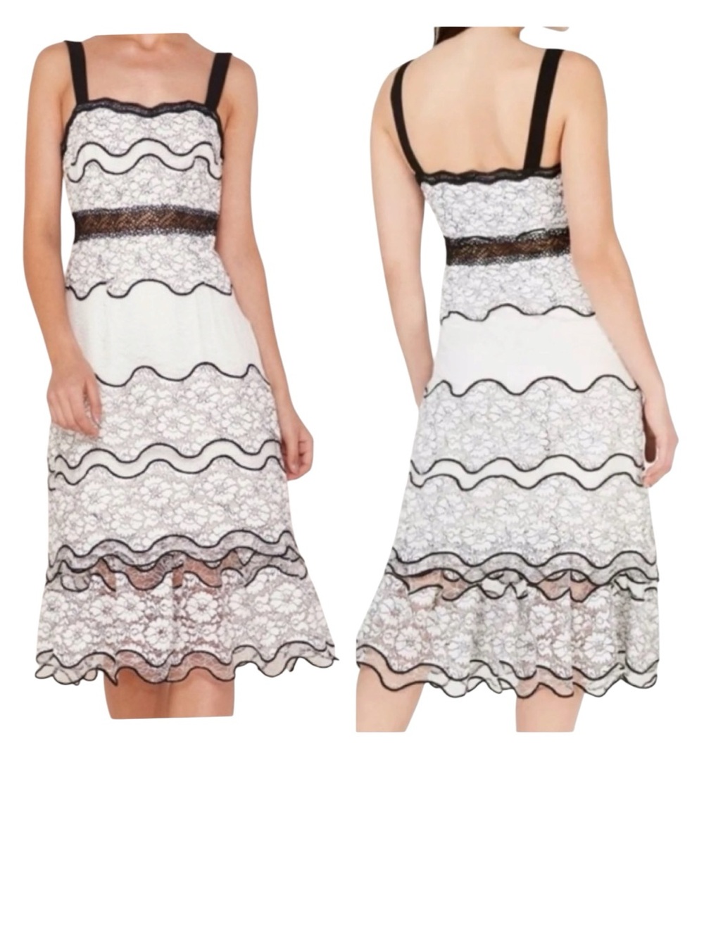 foxiedox Lumma midi dress black white floral lace overlay tiered flounce hem L